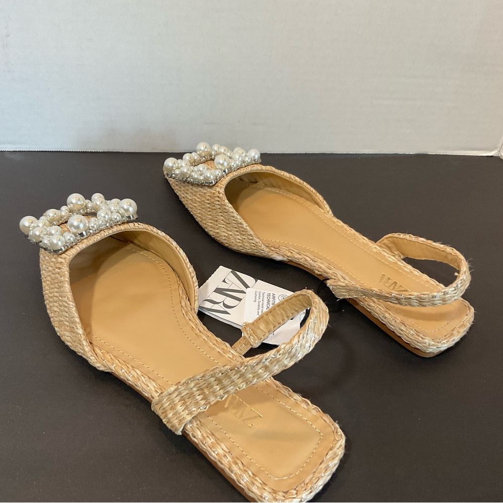 ZARA NWT beige raffia flats with pearl and rhinestone detail 2531/910 size 5 - Picture 9 of 12